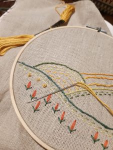 Vezenje na lanenoj tkanini, pejzaž