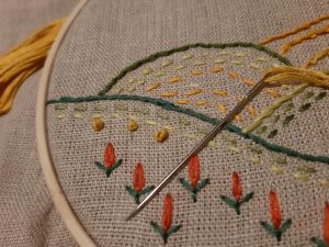 Vezenje na lanenoj tkanini, pejzaž