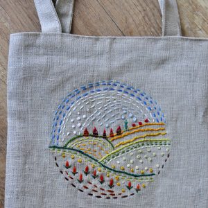 Vezenje na lanenoj tkanini, pejzaž